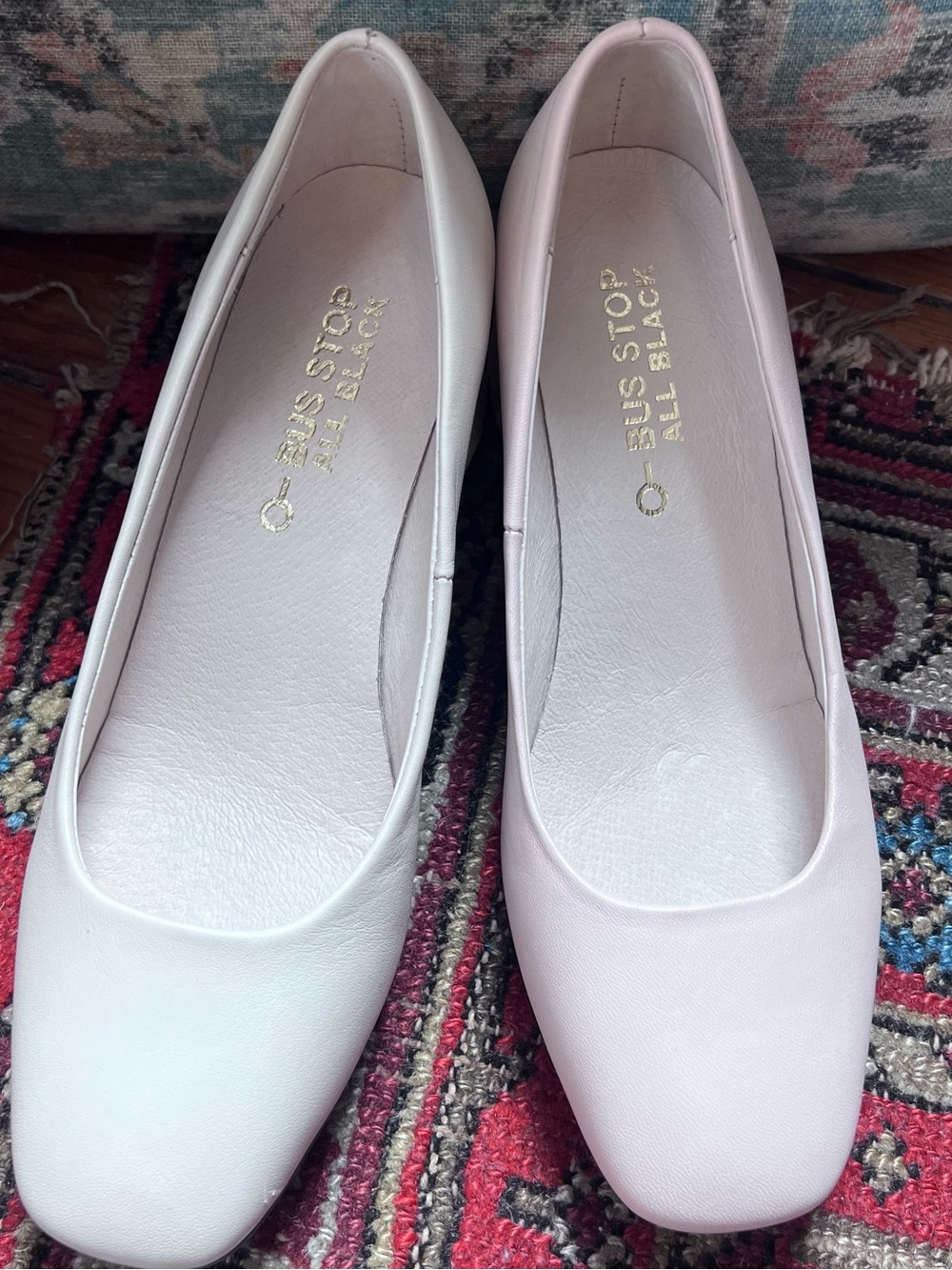 BUS STOP X ALL BLACK Mismatched Leather Square Toe Pumps White Ballet Pink